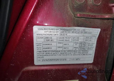 2016 Nissan Murano Platinum/S/Sl/Sv из США, поврежденный, VIN 5N1AZ2MHXGN151376